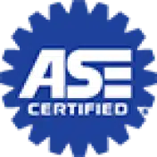 Japanese Motor Works: Blue circular badge with scalloped edges featuring white text that reads ASE Certified.