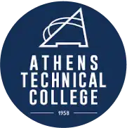 Japanese Motor Works: Logo of Athens Technical College featuring a simplified geometric building design in white on a blue circular background. The text Athens Technical College is centered below the graphic, with 1958 at the bottom.