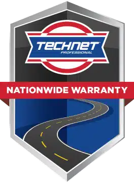 Japanese Motor Works: A badge-shaped logo features the text TECHNET PROFESSIONAL in a circle at the top and NATIONWIDE WARRANTY on a red banner across the middle. Below, theres an illustration of a road with a yellow dashed line.